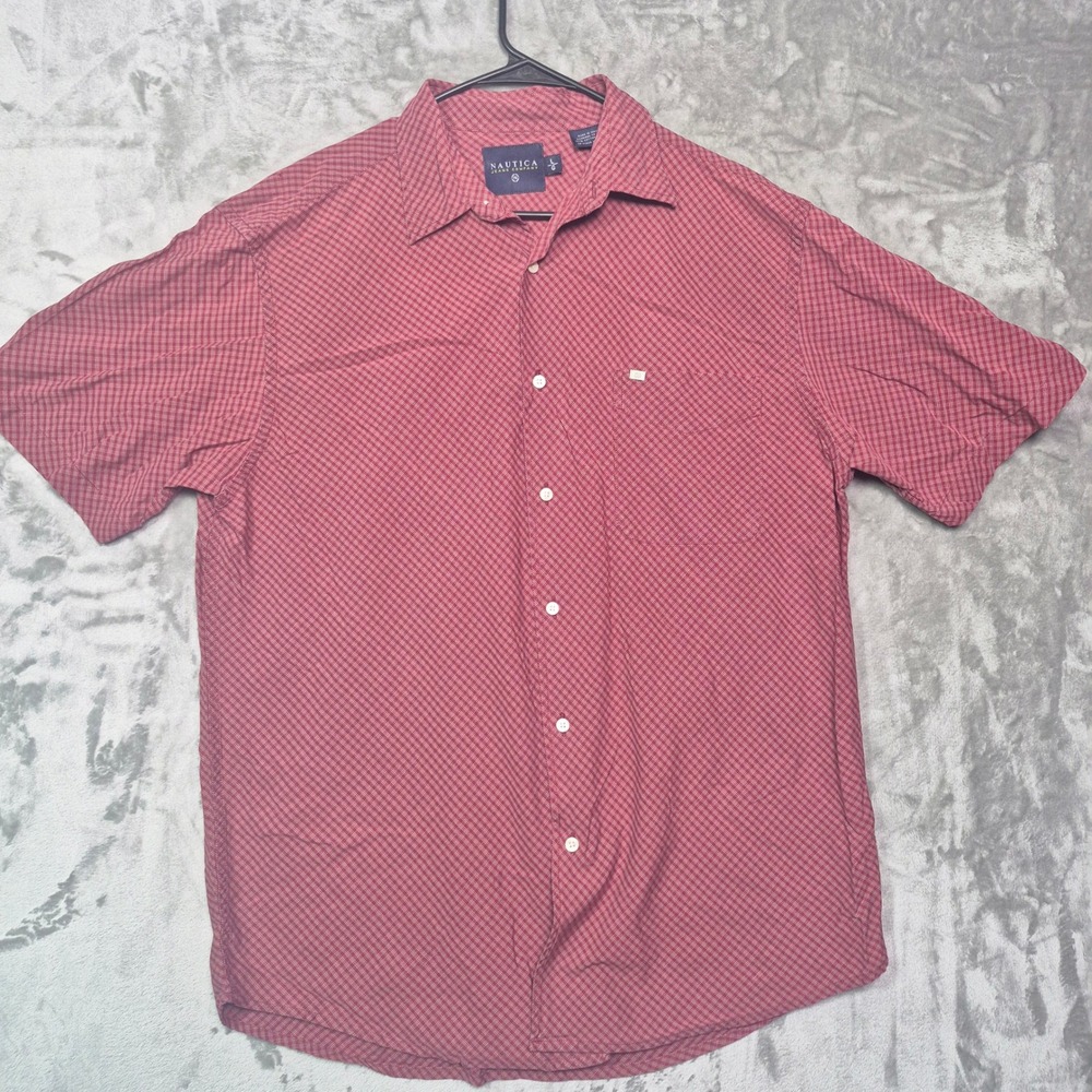 Nautica Jeans Company Mens Large Red Micro Check Short Sleeve Button Down Shirt